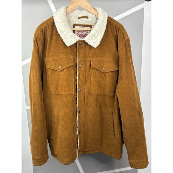 Levis Corduroy Sherpa Lined Trucker Jacket Men’s XXL Brown Snap Zip - Picture 1 of 16